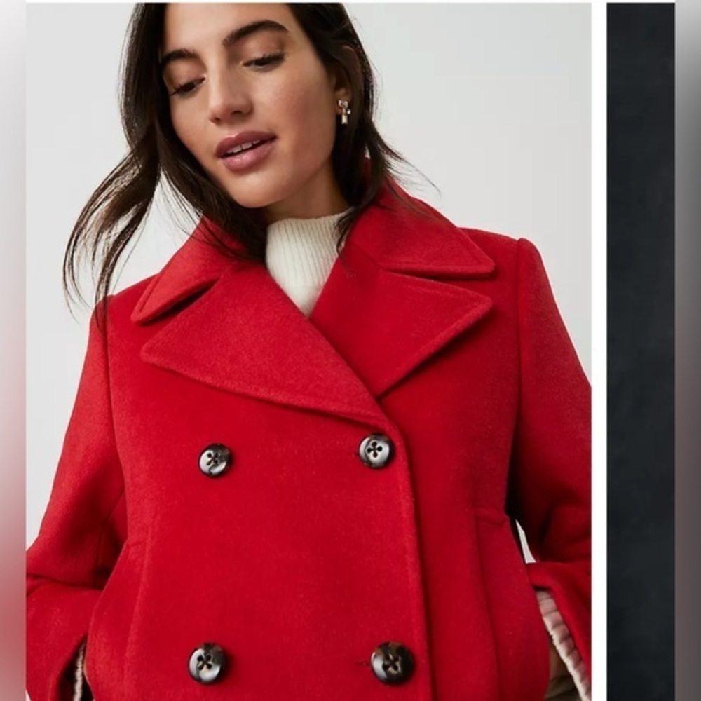 Ann Taylor Red Pea‎ Coat Double-Breasted Wool-Blend